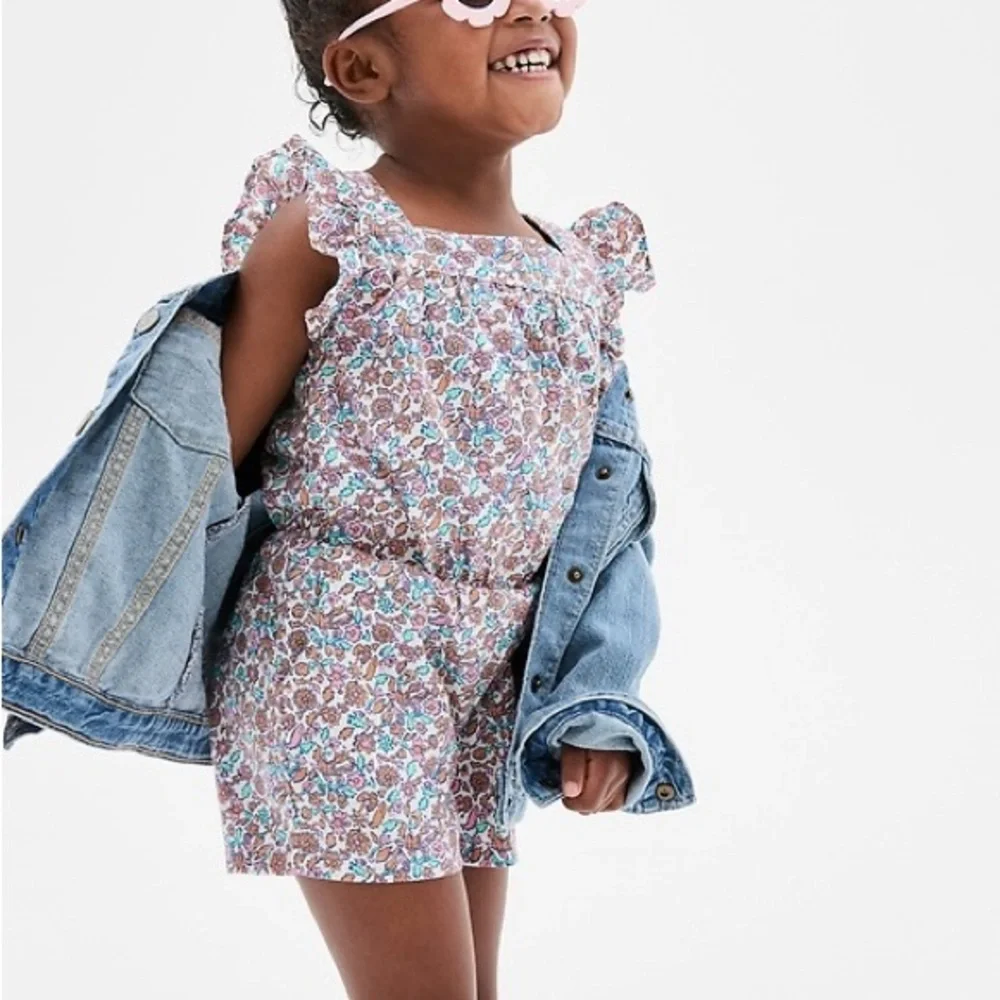 babyGap Poplin Romper Floral Ruffle Sleeve Dress White ditsy floral Size 5